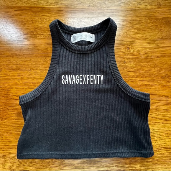 ⭐️ NWOT Savage X Fenty Xssential Heavy Ribbed Cropped Logo Black Tank SZ MEDIUM - Picture 2 of 13